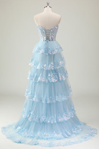 Sparkly Blue A-Line Sweetheart Sequins Tulle Ruffled Long Corset Prom Dress with Slit