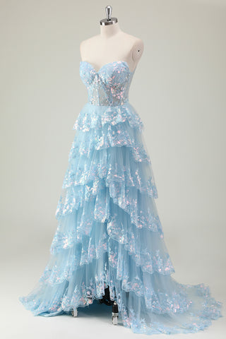 Sparkly Blue A-Line Sweetheart Sequins Tulle Ruffled Long Corset Prom Dress with Slit