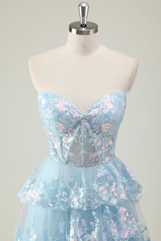 Sparkly Blue A-Line Sweetheart Sequins Tulle Ruffled Long Corset Prom Dress with Slit