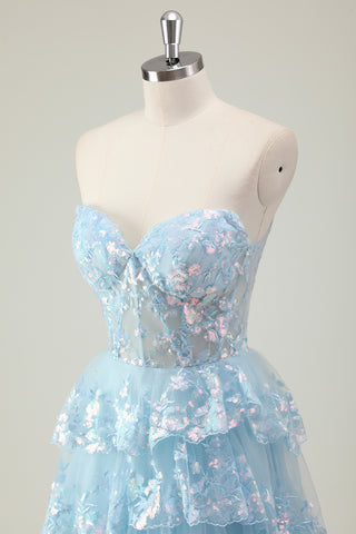 Sparkly Blue A-Line Sweetheart Sequins Tulle Ruffled Long Corset Prom Dress with Slit