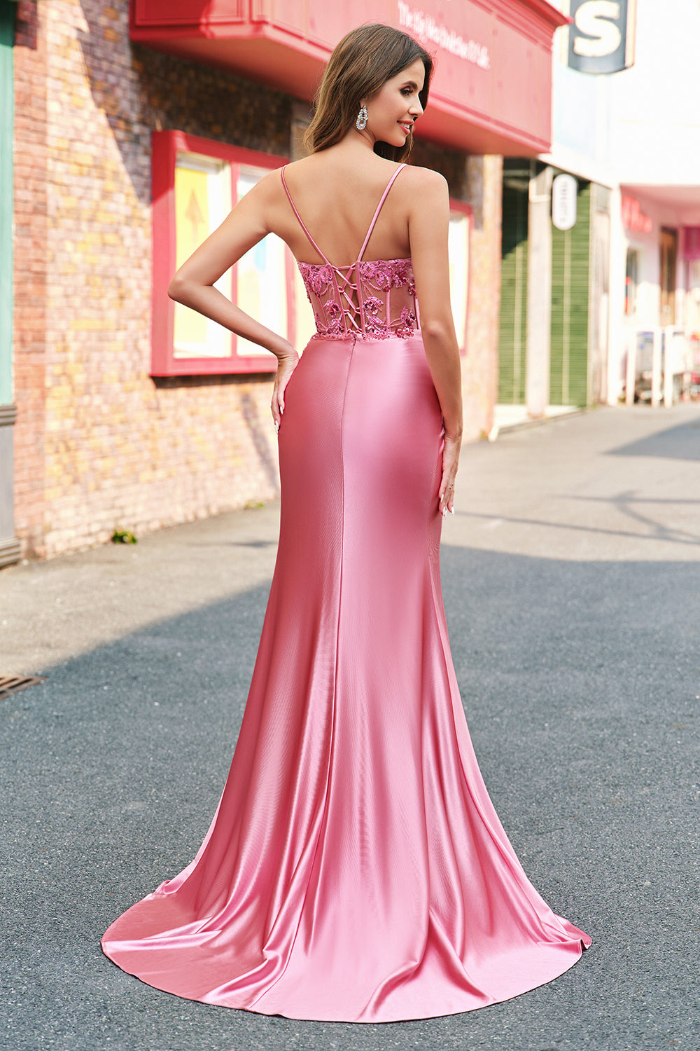 Coral Spaghetti Straps Beaded Mermaid Satin Long Prom Dress with Slit