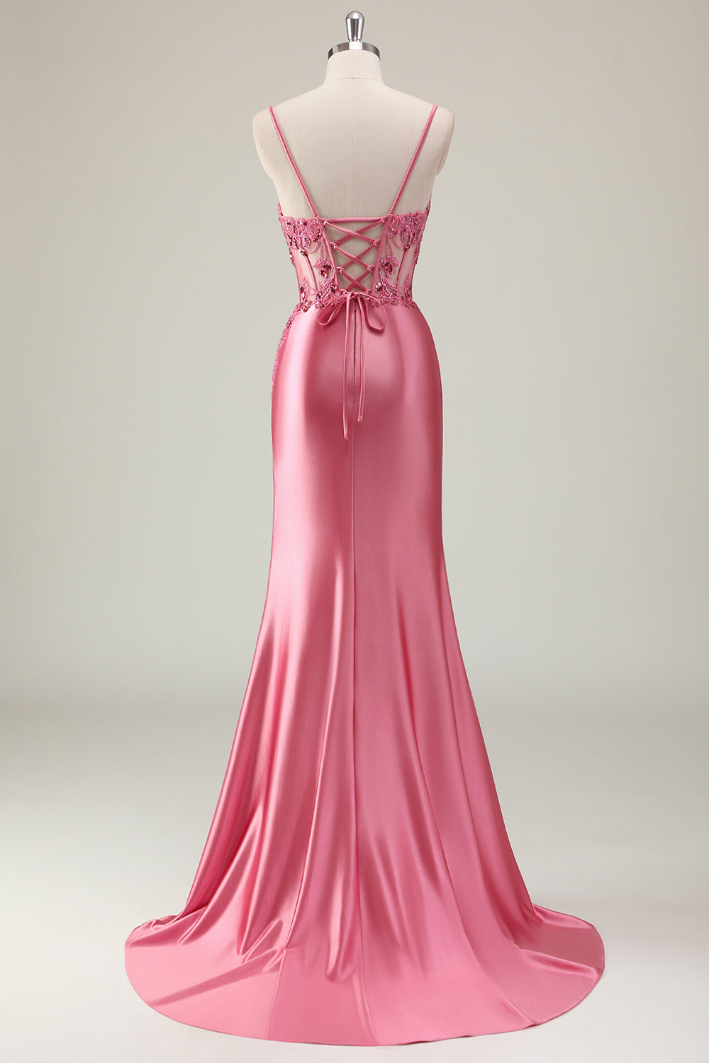 Coral Spaghetti Straps Beaded Mermaid Satin Long Prom Dress with Slit