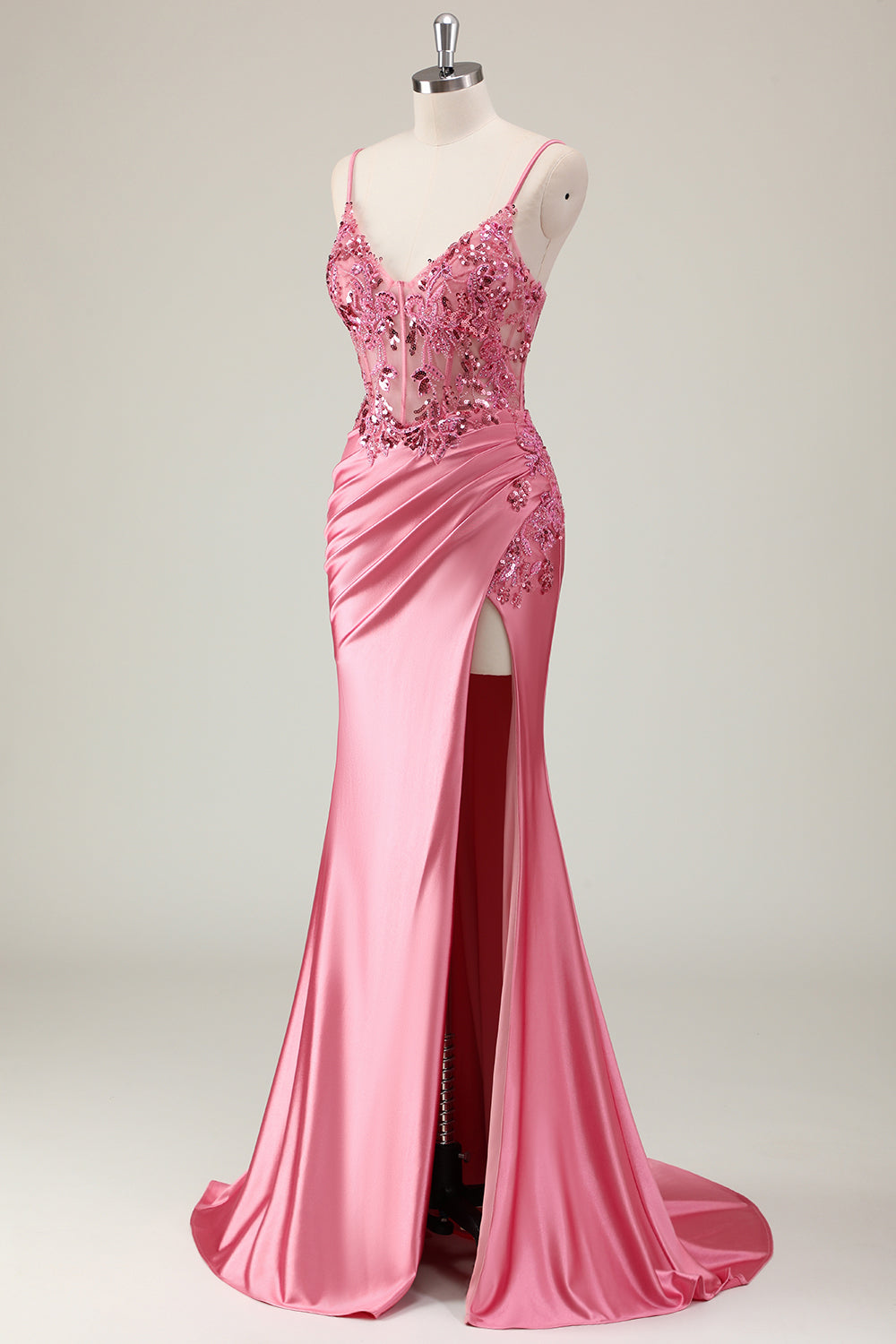 Coral Spaghetti Straps Beaded Mermaid Satin Long Prom Dress with Slit