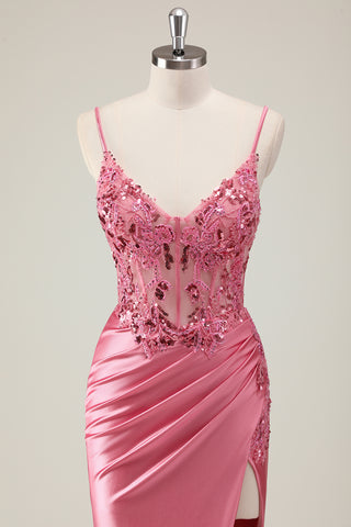Coral Spaghetti Straps Beaded Mermaid Satin Long Prom Dress with Slit