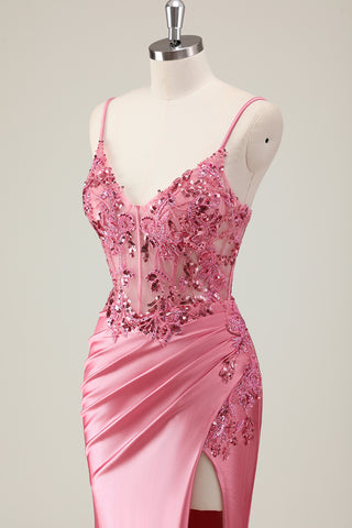 Coral Spaghetti Straps Beaded Mermaid Satin Long Prom Dress with Slit