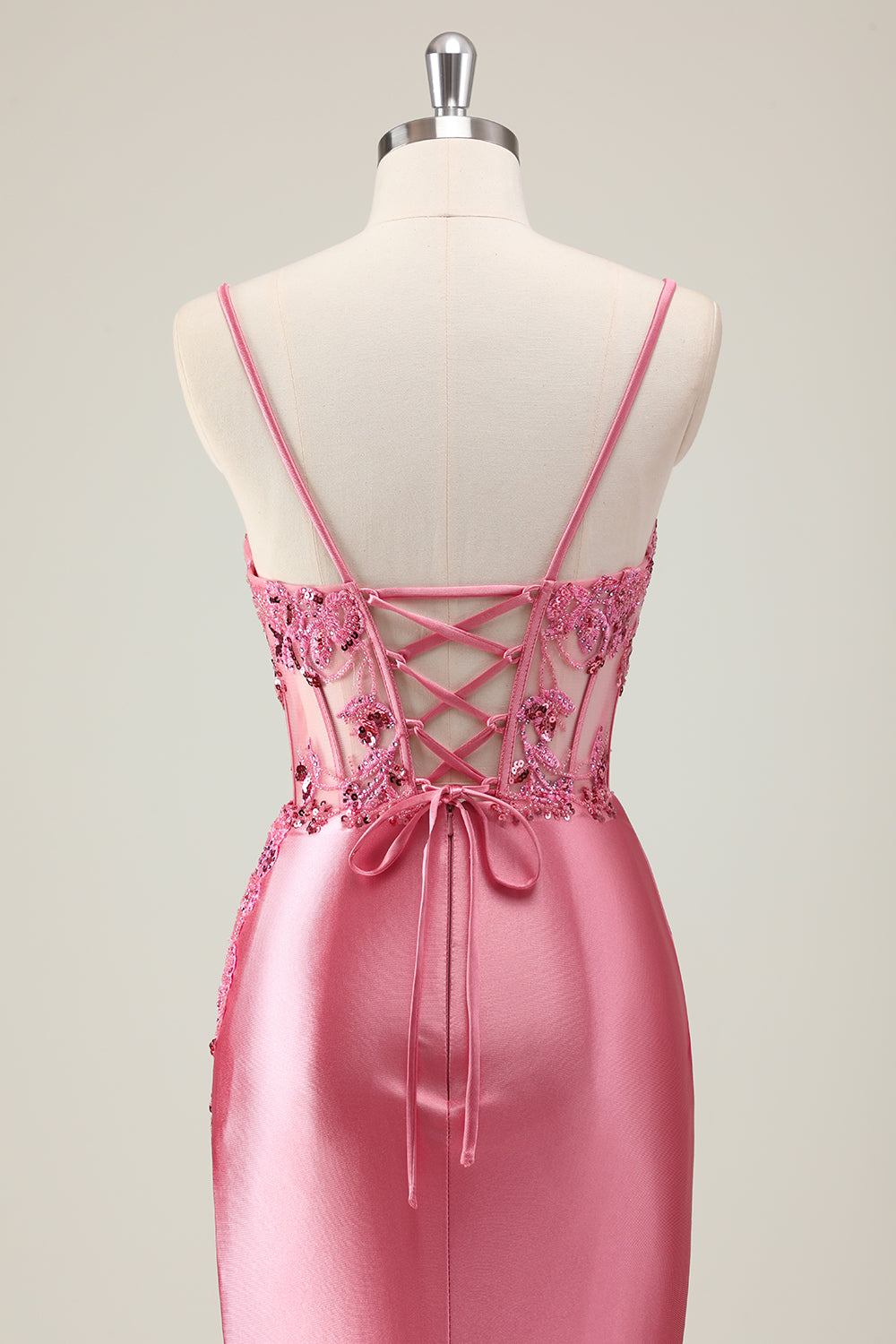 Coral Spaghetti Straps Beaded Mermaid Satin Long Prom Dress with Slit