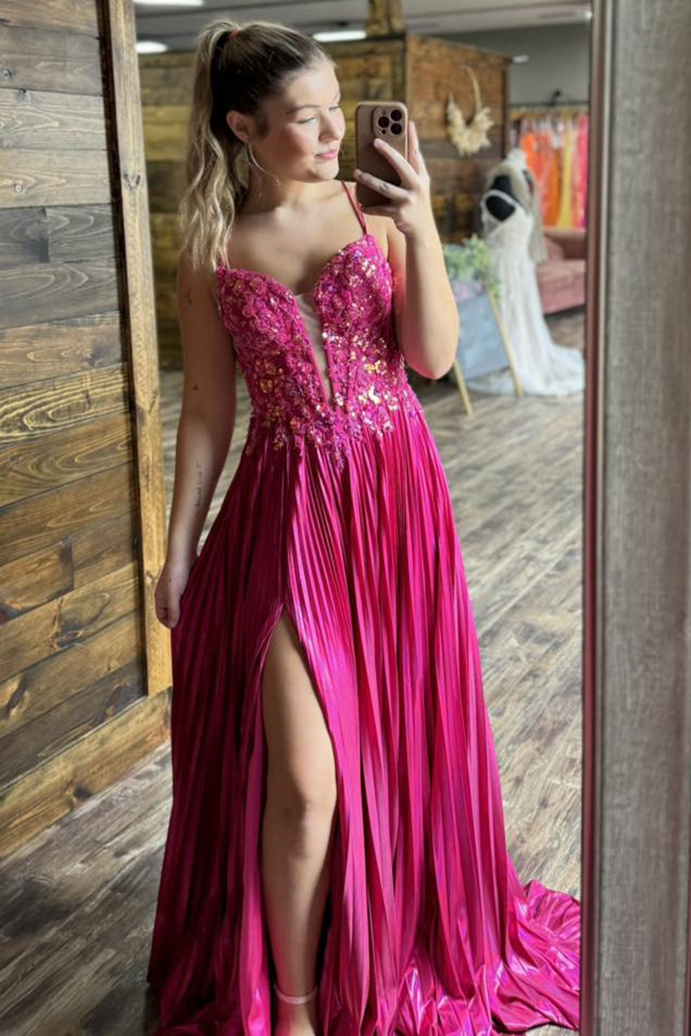 Sparkly Fuchsia Spaghetti Straps A-Line Pleated Long Corset Prom Dress with Appliques