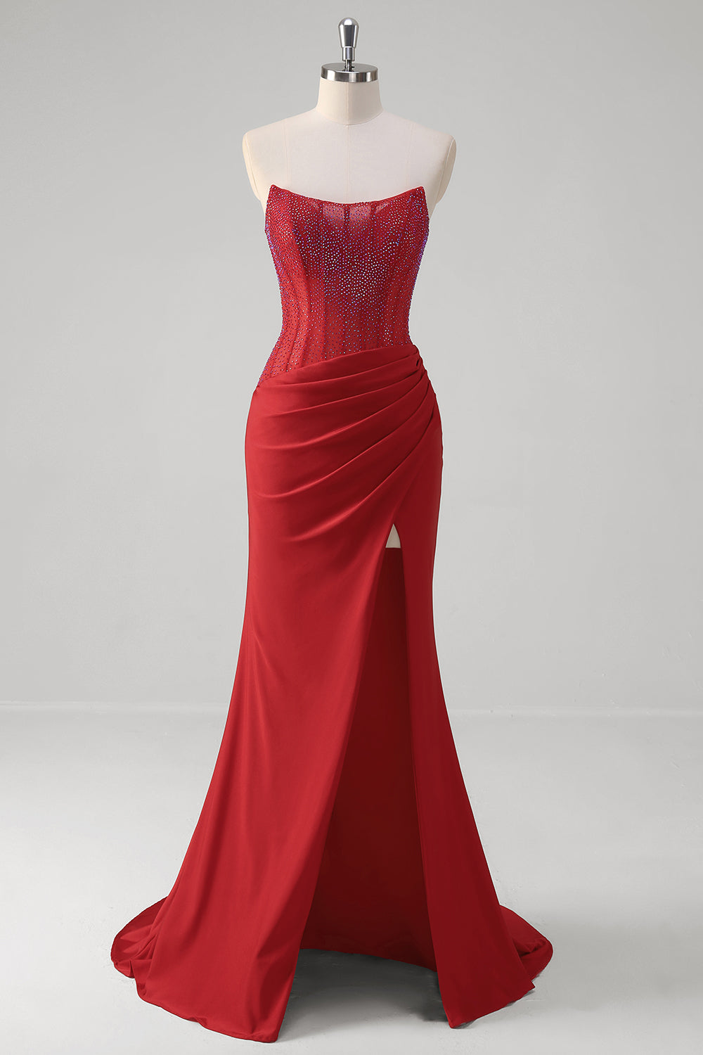 Glitter Red Strapless Beaded Satin Mermaid Long Corset Prom Dress with Slit