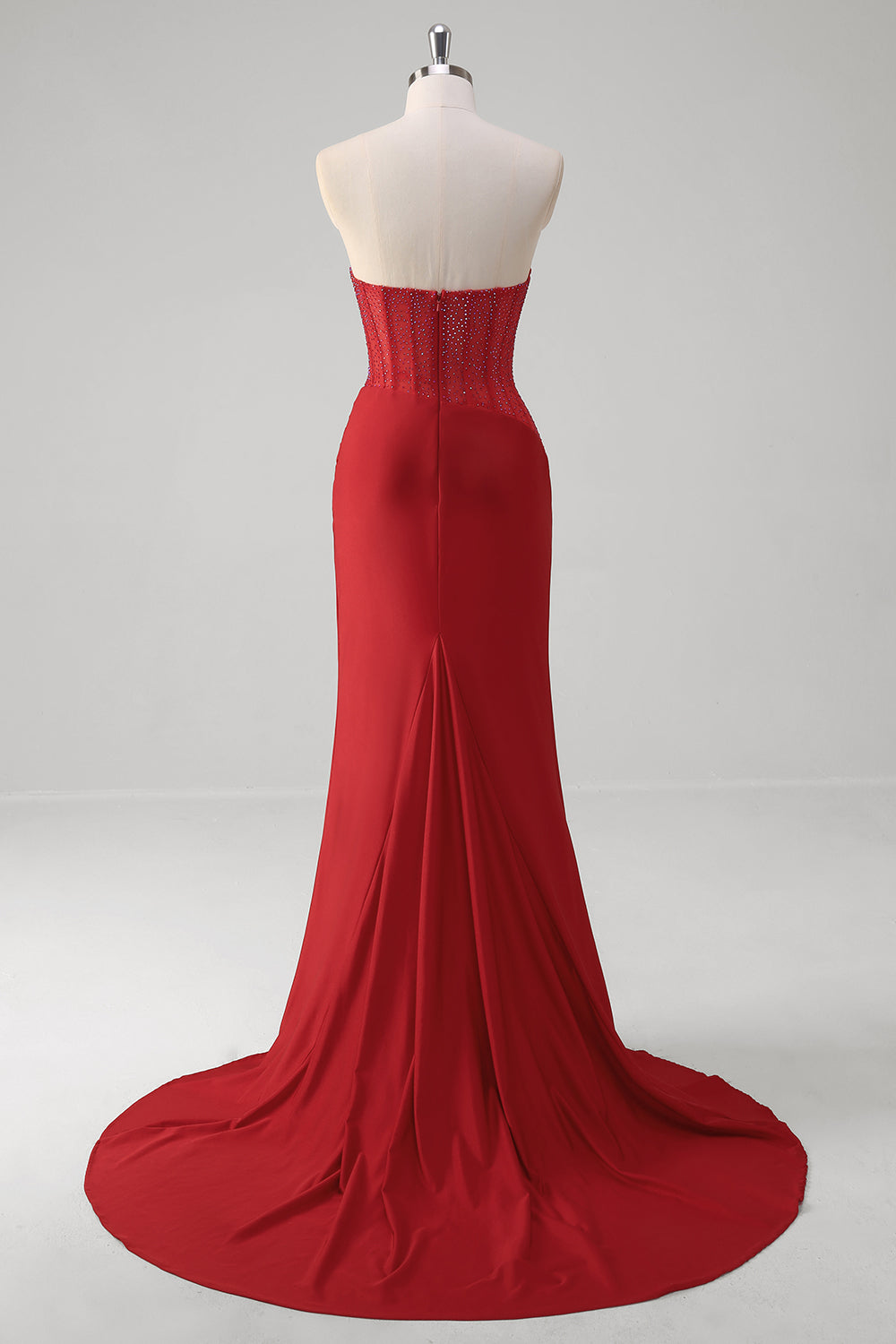 Glitter Red Strapless Beaded Satin Mermaid Long Corset Prom Dress with Slit