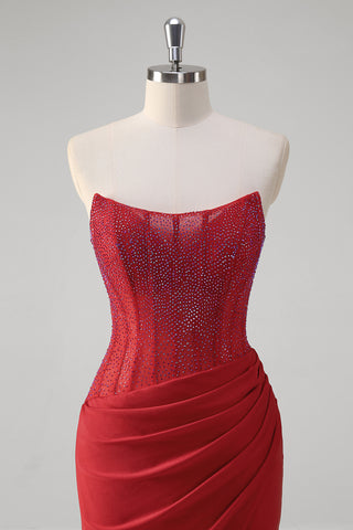 Glitter Red Strapless Beaded Satin Mermaid Long Corset Prom Dress with Slit