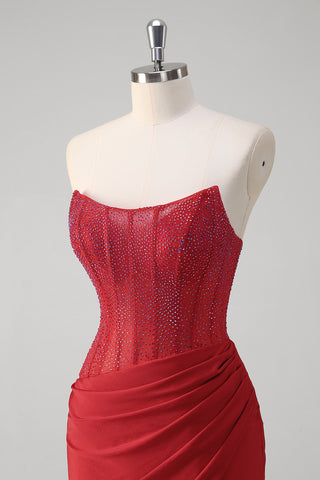 Glitter Red Strapless Beaded Satin Mermaid Long Corset Prom Dress with Slit