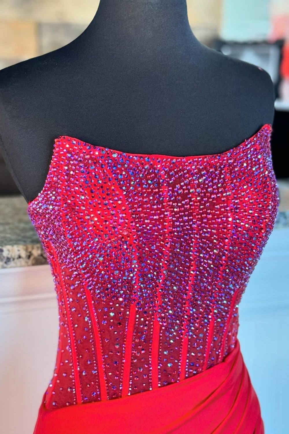 Sparkly Red Strapless Mermaid Beaded Long Prom Dress with Slit