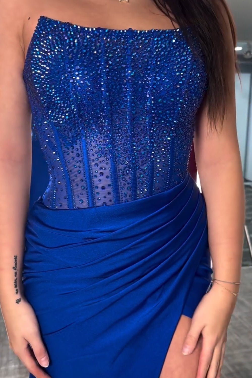 Sparkly Red Strapless Mermaid Beaded Long Prom Dress with Slit