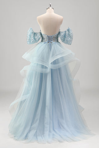 Glitter Blue Sweetheart Sequins A-Line Tulle Tiered Long Corset Prom Dress