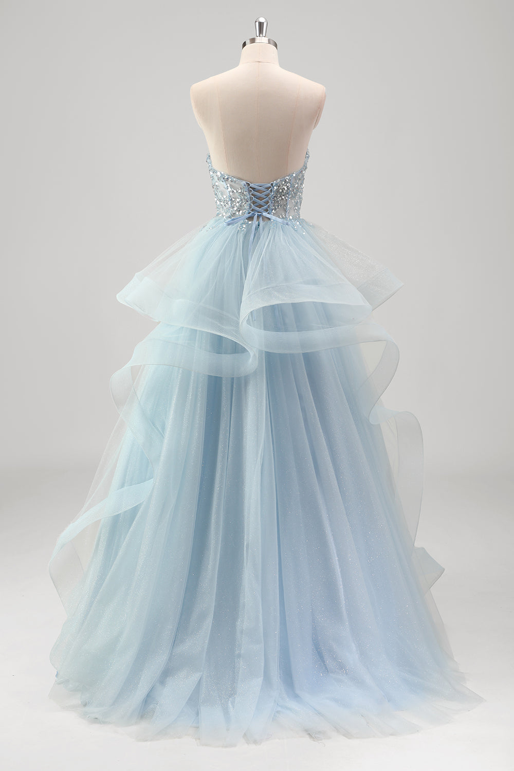 Glitter Blue Sweetheart Sequins A-Line Tulle Tiered Long Corset Prom Dress