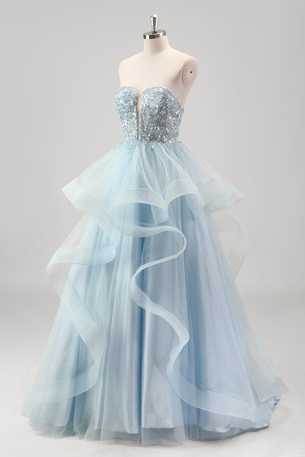Glitter Blue Sweetheart Sequins A-Line Tulle Tiered Long Corset Prom Dress