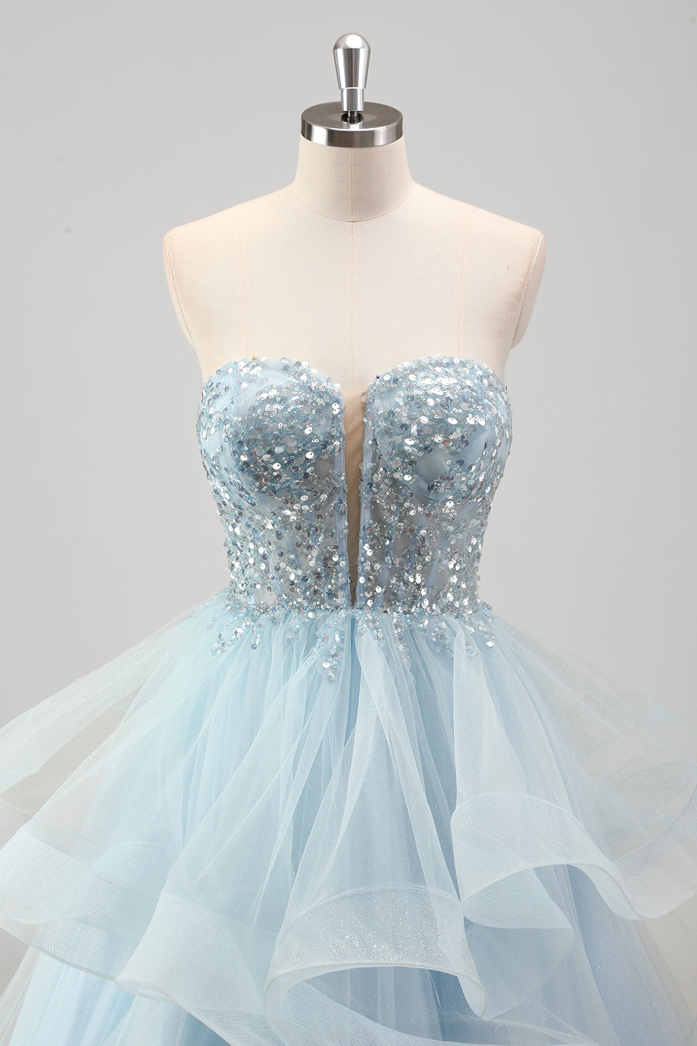 Glitter Blue Sweetheart Sequins A-Line Tulle Tiered Long Corset Prom Dress