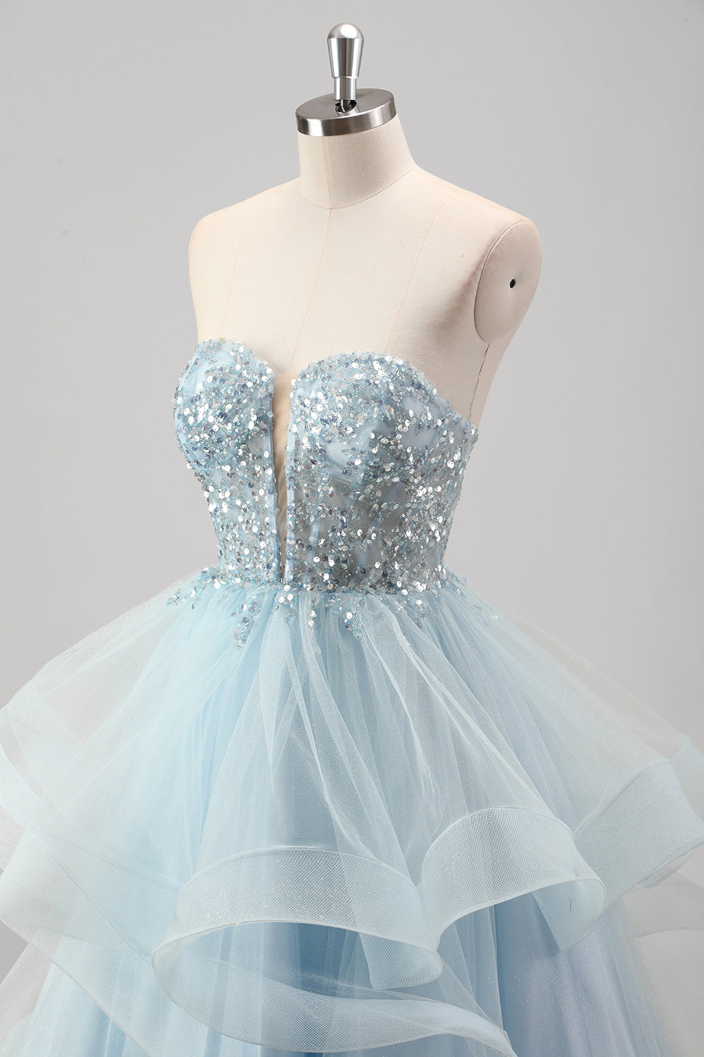 Glitter Blue Sweetheart Sequins A-Line Tulle Tiered Long Corset Prom Dress