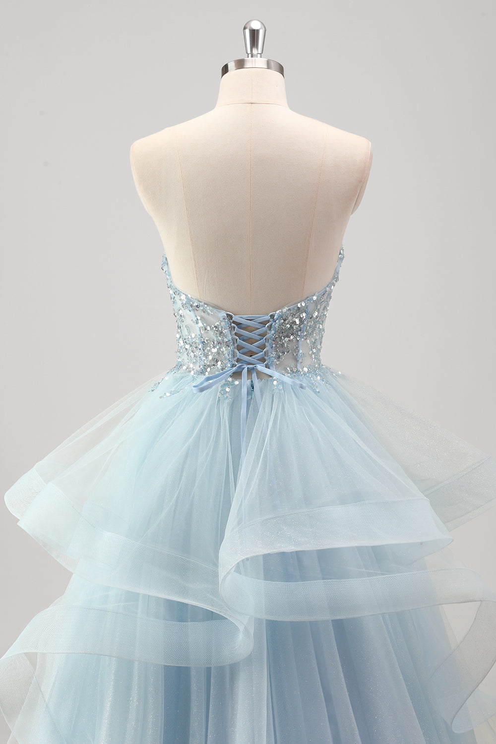 Glitter Blue Sweetheart Sequins A-Line Tulle Tiered Long Corset Prom Dress
