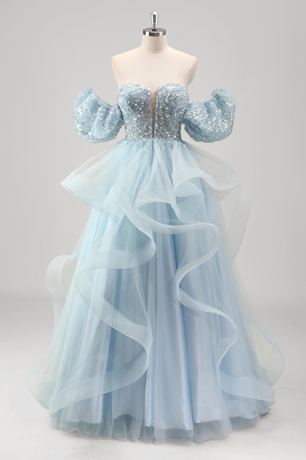 Glitter Blue Sweetheart Sequins A-Line Tulle Tiered Long Corset Prom Dress