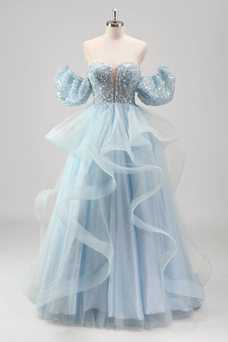 Glitter Blue Sweetheart Sequins A-Line Tulle Tiered Long Corset Prom Dress