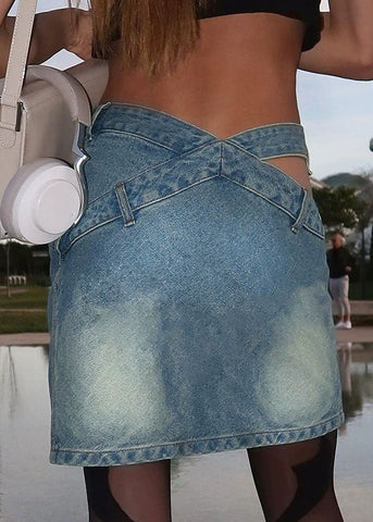 Italian Blue Pockets Hollow Out Patchwork Denim Skirts Summer