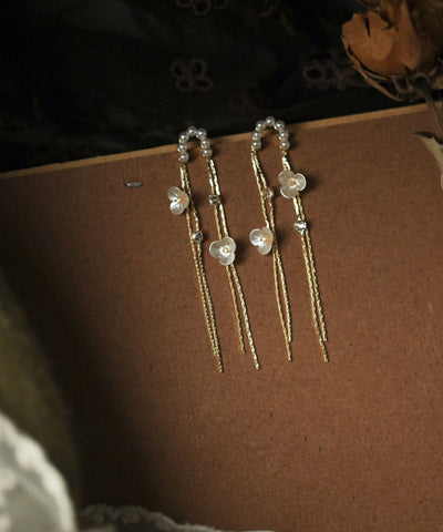 Skinny Gold Alloy Pearl Floral Tassel Drop Earrings