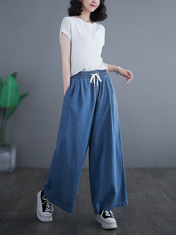 Women Summer Thin Solid Drawstring Wide-leg Denim Pants