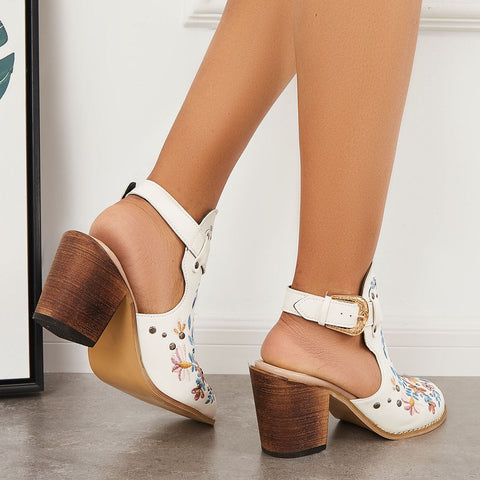 Pink Cutout Embroidered Chunky Heels Ankle Strap Slingback Sandals