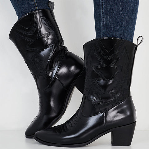 Embroidered Western Cowgirl Booties Pull on Chunky Heel Ankle Boots