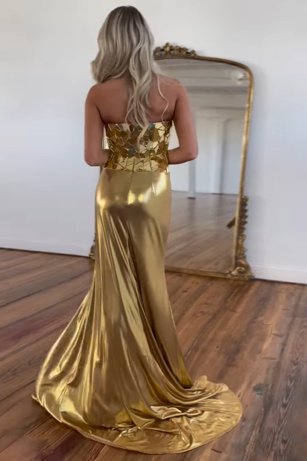 Sparkly Golden Strapless Mirror Metallic Mermaid Long Prom Dress with Slit