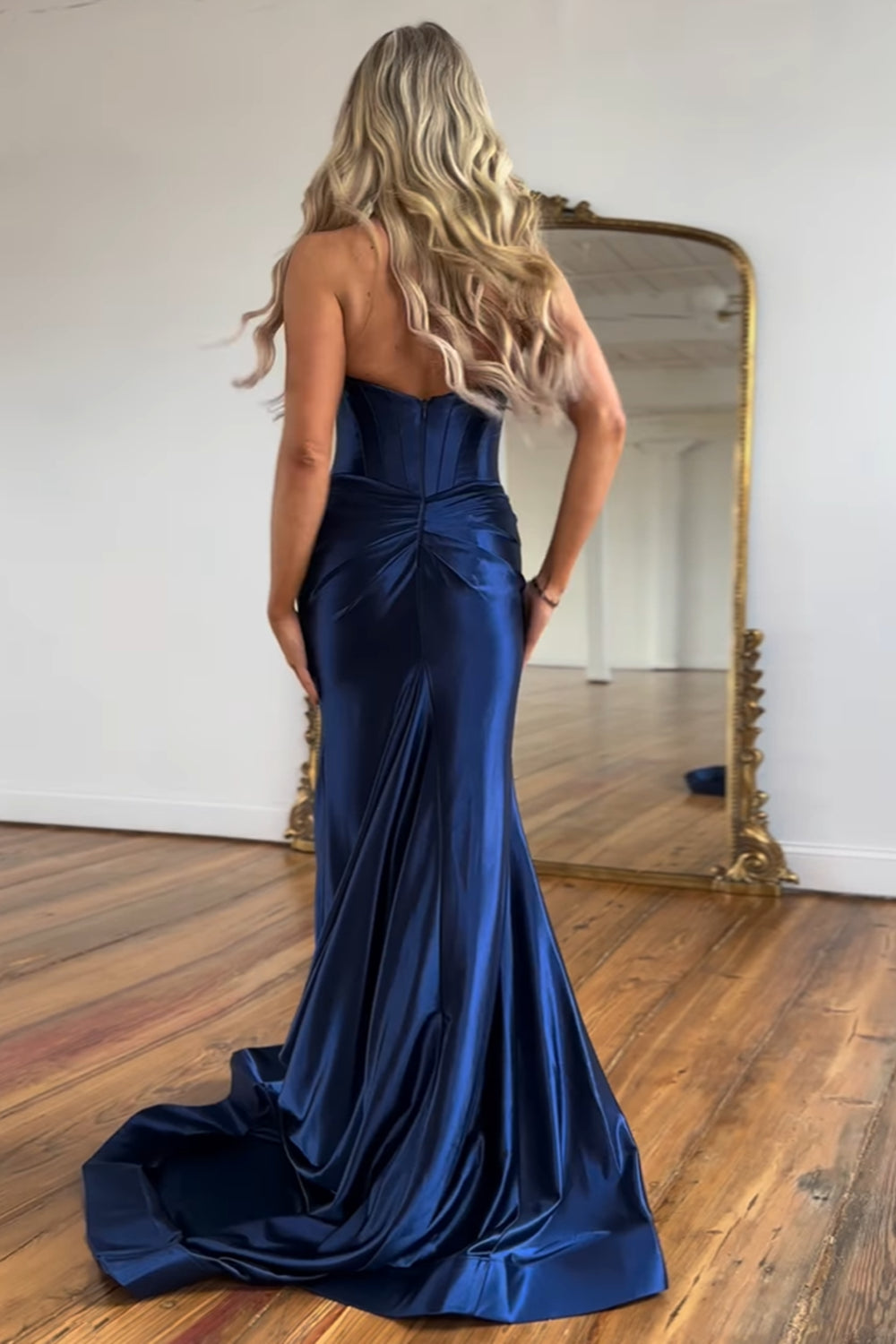 Navy Halter Neck Satin Mermaid Long Corset Prom Dress with Slit