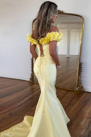 Yellow Off the Shoulder Mermaid Satin Long Prom Dress with Ruffles