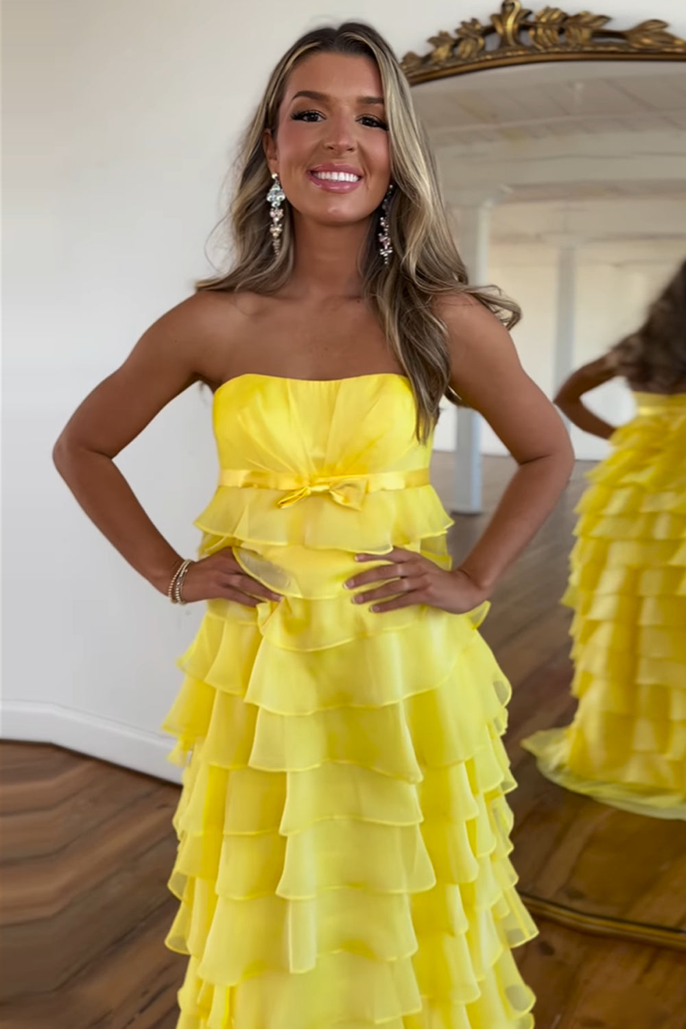 Yellow Strapless Chiffon A-Line Ruffled Long Corset Prom Dress