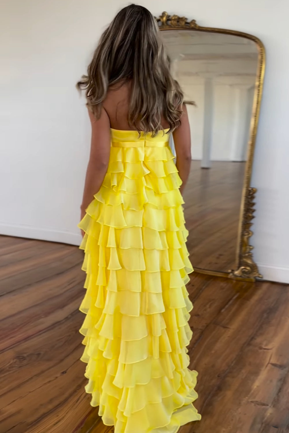 Yellow Strapless Chiffon A-Line Ruffled Long Corset Prom Dress