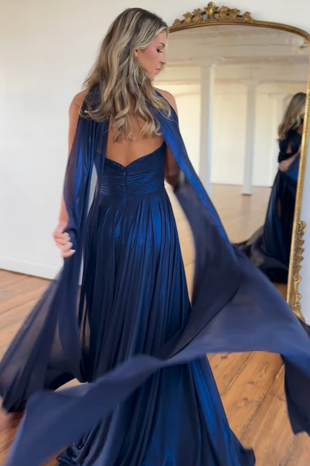 Chic Navy Halter Neck A-Line Long Prom Dress with 3D Flowers