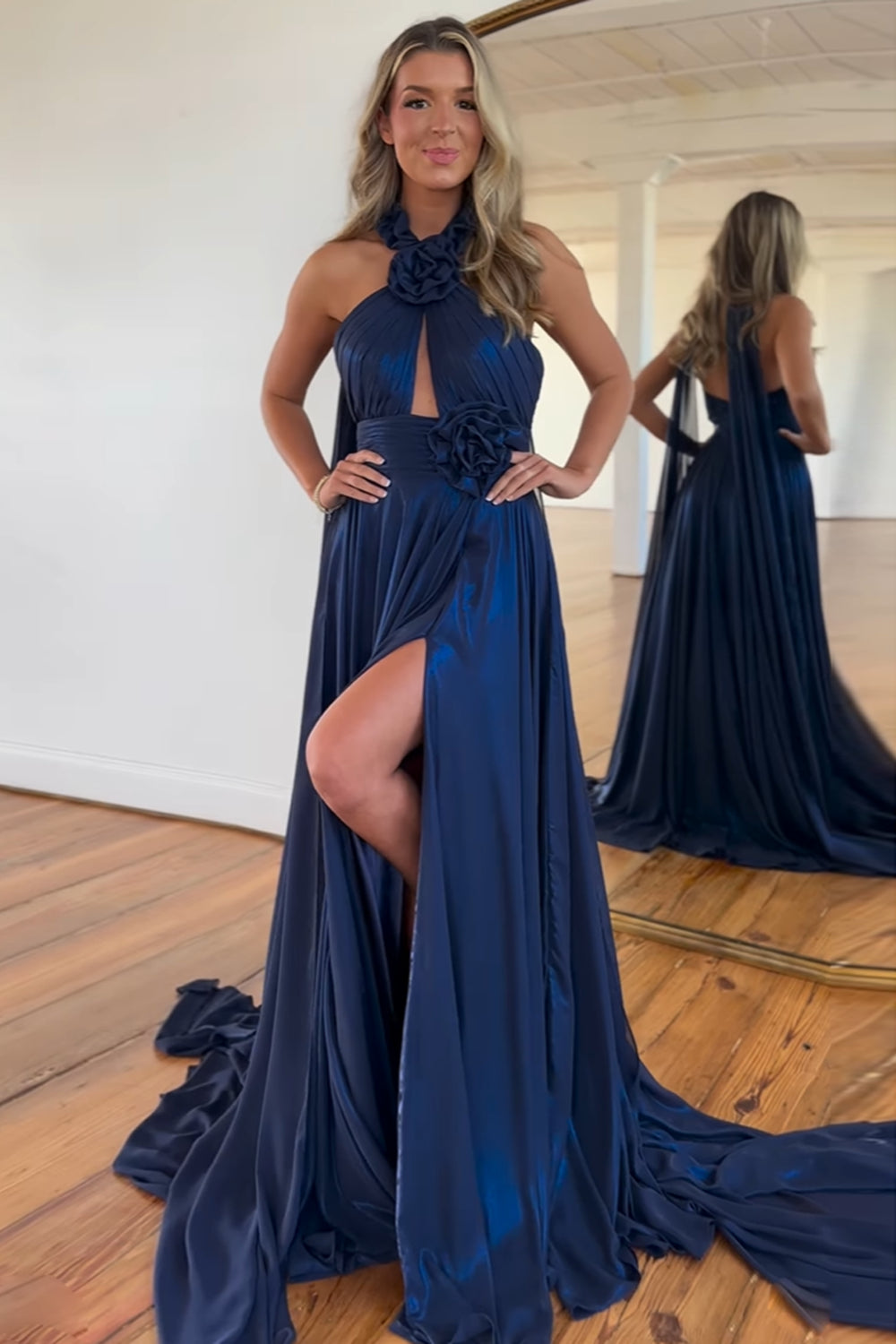 Chic Navy Halter Neck A-Line Long Prom Dress with 3D Flowers