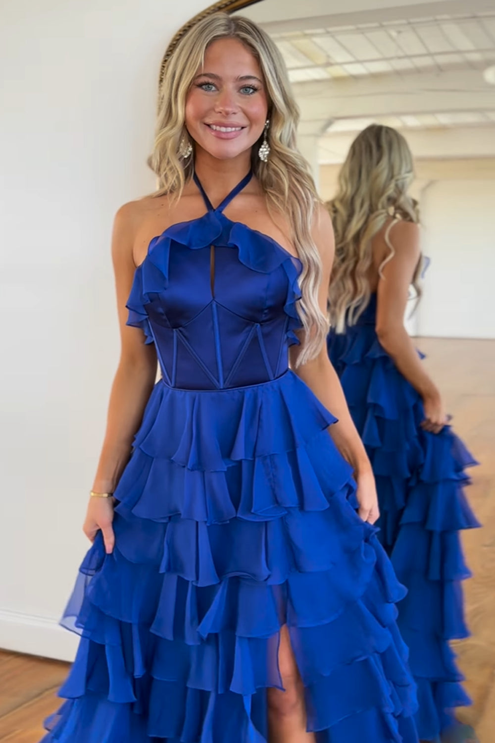 Royal Blue Halter Neck A-Line Chiffon Tiered Long Corset Prom Dress with Slit