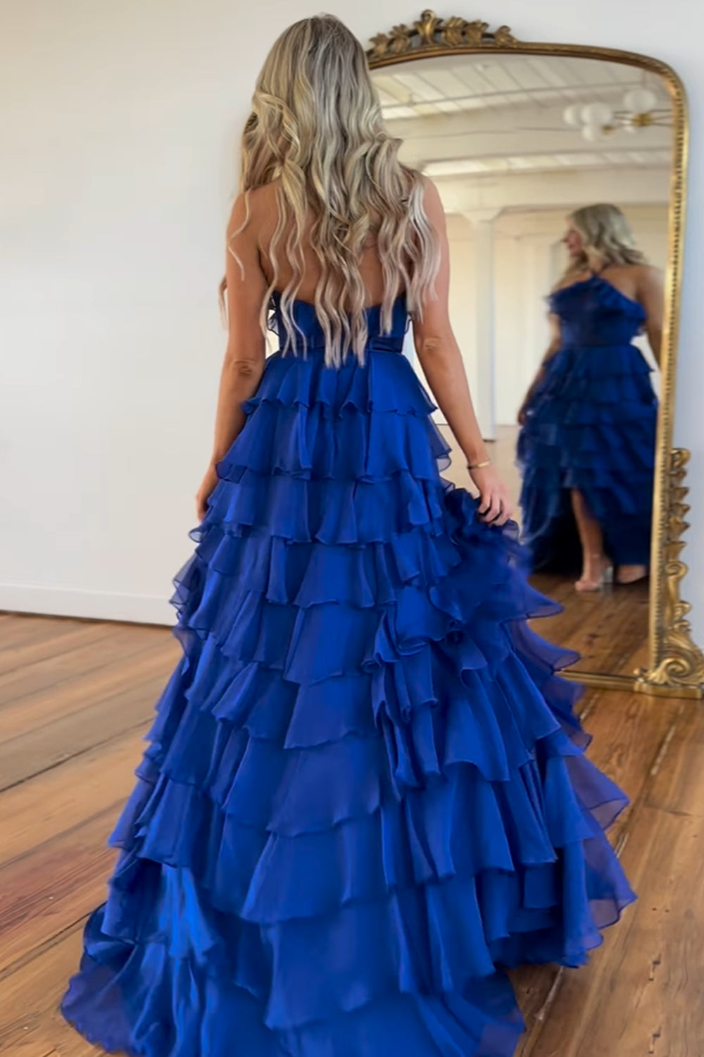 Royal Blue Halter Neck A-Line Chiffon Tiered Long Corset Prom Dress with Slit