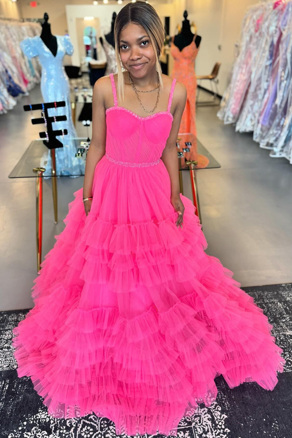 Pink Spaghetti Straps Princess Tulle Tiered Long Corset Prom Dress