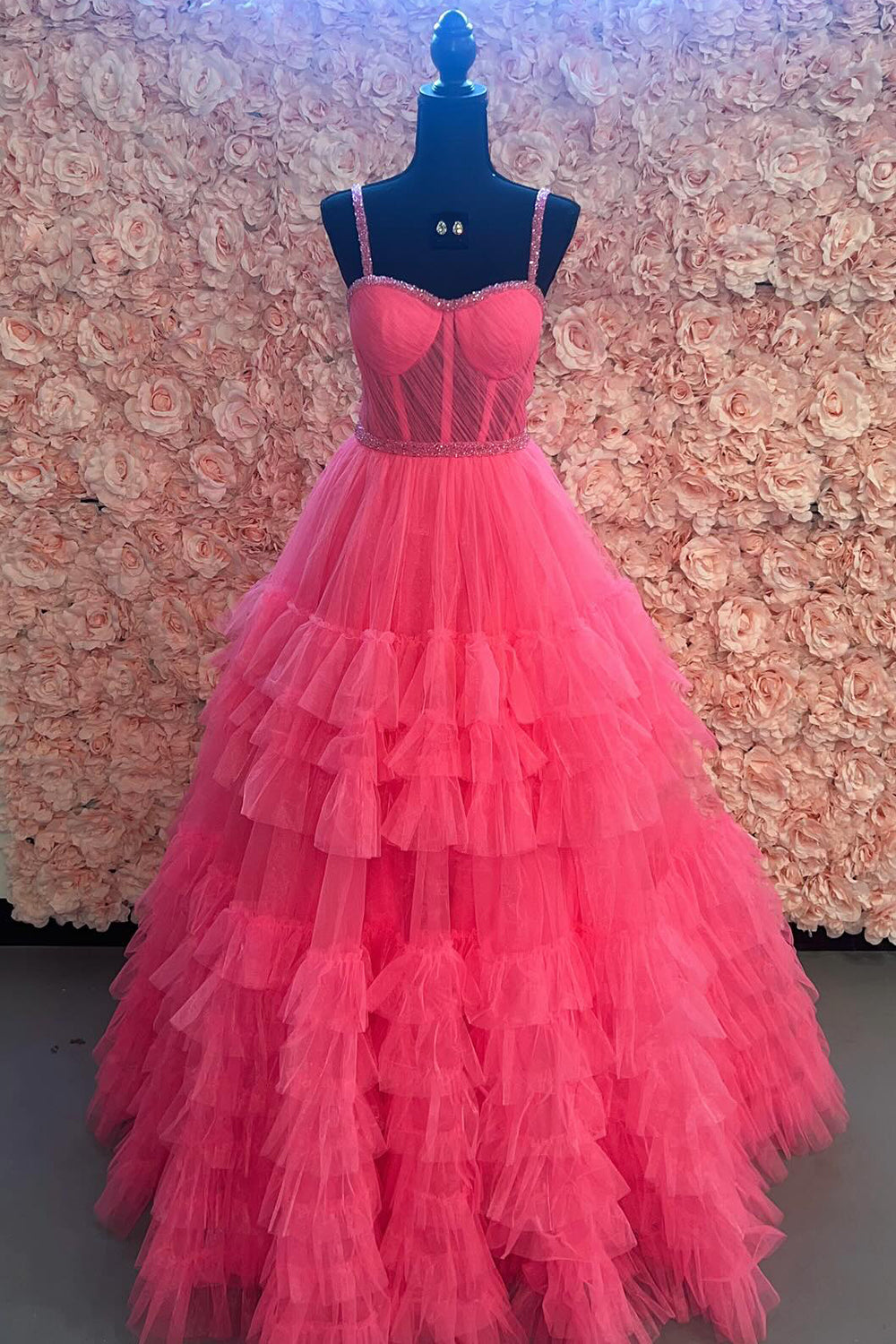Pink Spaghetti Straps Princess Tulle Tiered Long Corset Prom Dress
