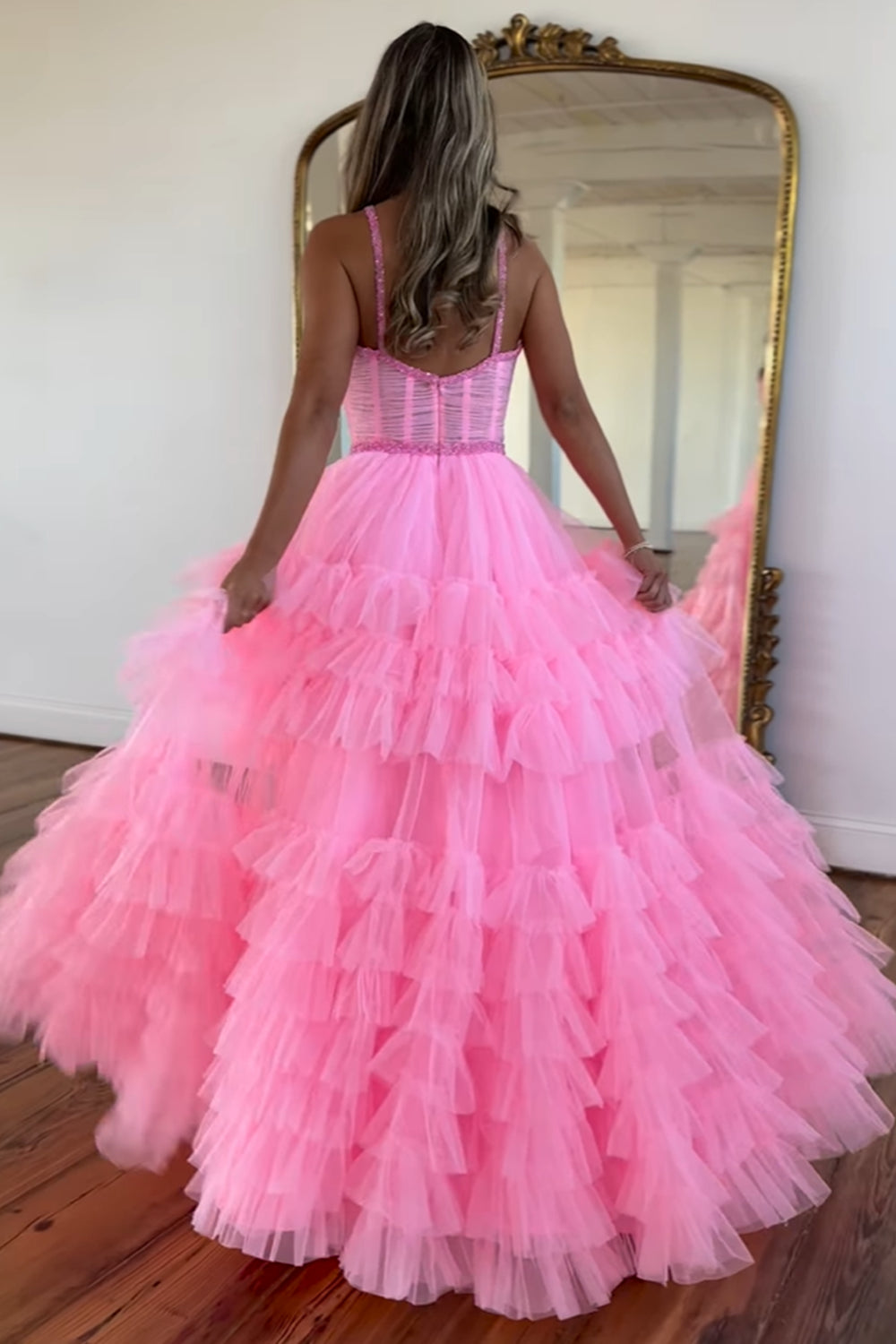 Pink Spaghetti Straps Princess Tulle Tiered Long Corset Prom Dress