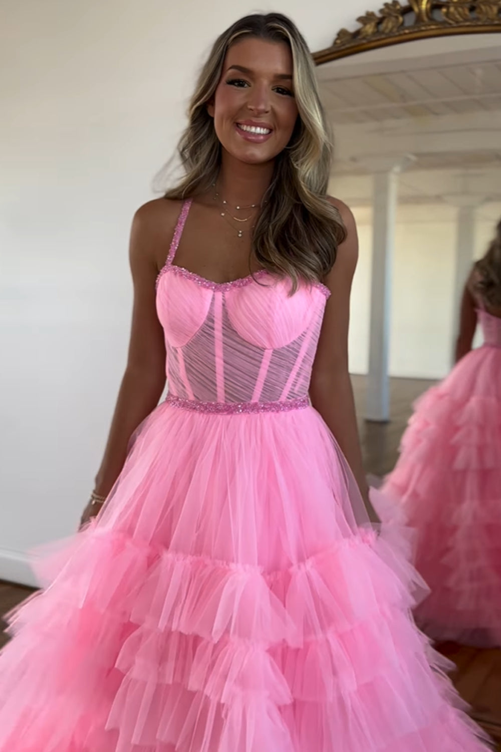 Pink Spaghetti Straps Princess Tulle Tiered Long Corset Prom Dress