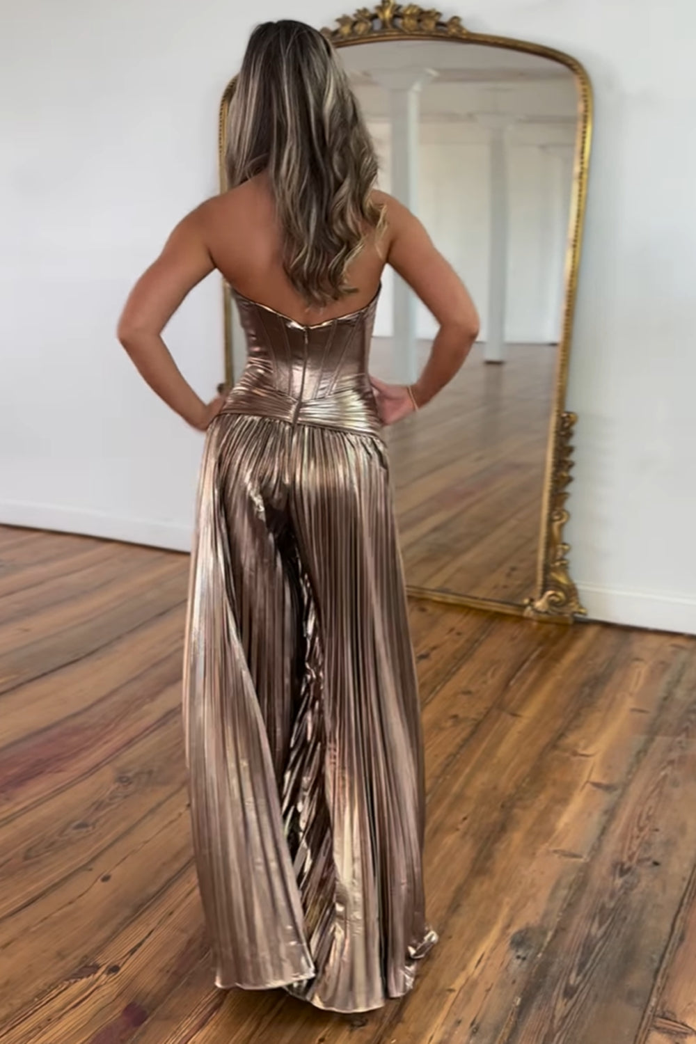 Rose Golden Sweetheart A-Line Metallic Pleated Long Corset Prom Dress with Slit