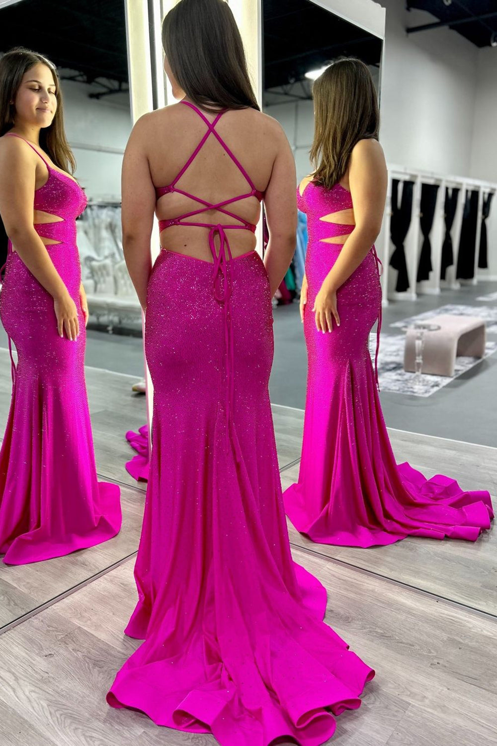 Sparkly Fuchsia Spaghetti Straps Mermaid Long Prom Dress with Beading