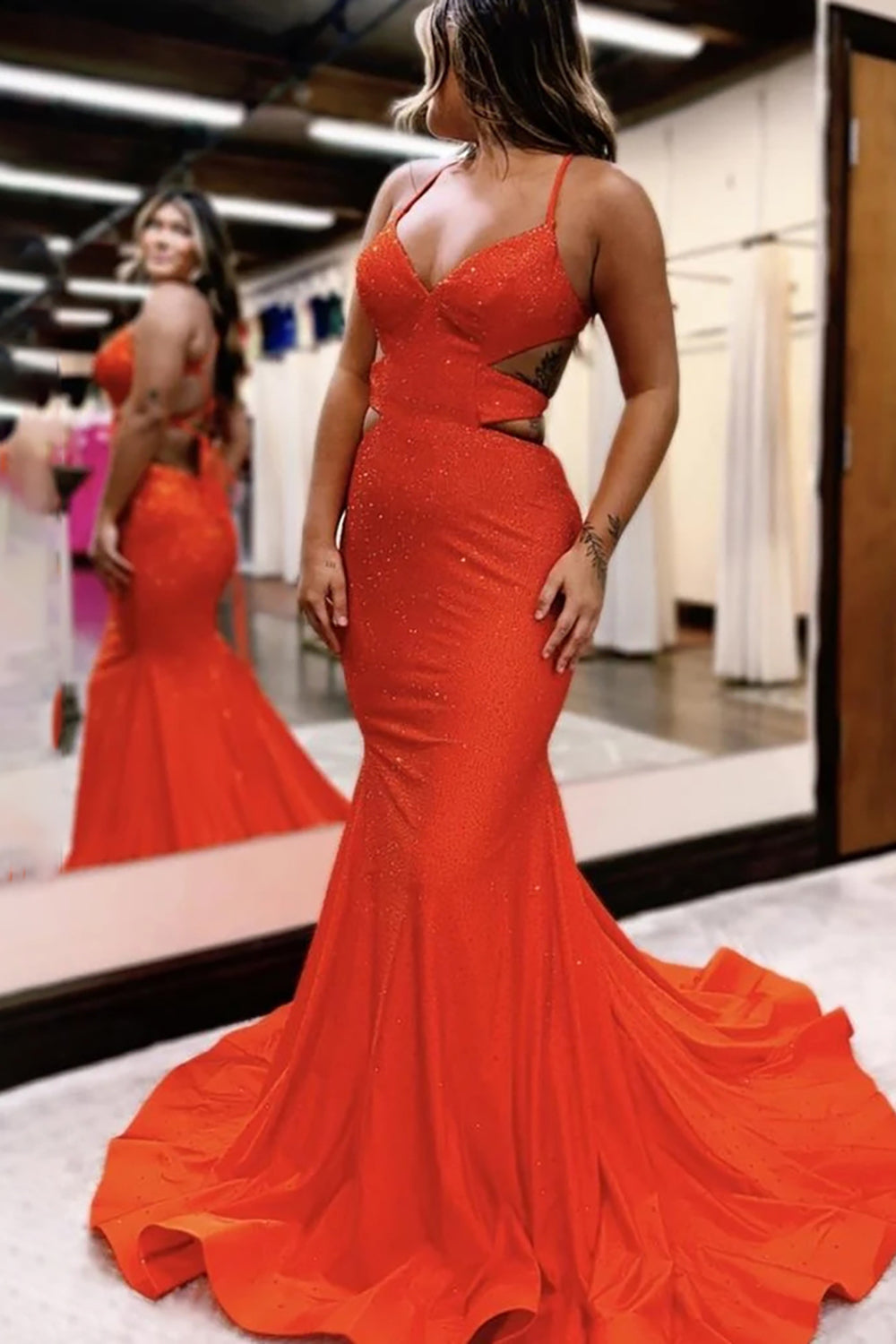 Sparkly Fuchsia Spaghetti Straps Mermaid Long Prom Dress with Beading