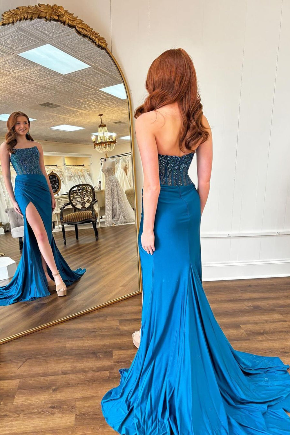 Sparkly Red Strapless Mermaid Beaded Long Prom Dress with Slit