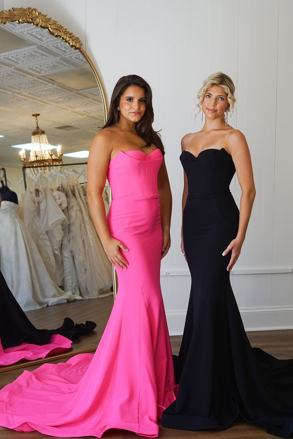 Hot Pink Strapless Mermaid Long Corset Prom Dress with Slit