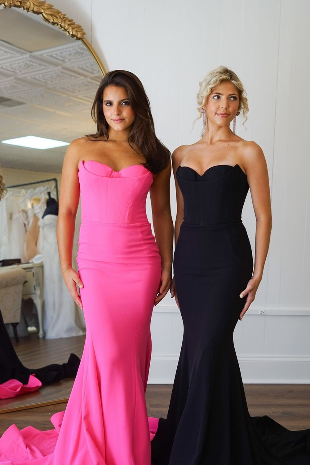Hot Pink Strapless Mermaid Long Corset Prom Dress with Slit
