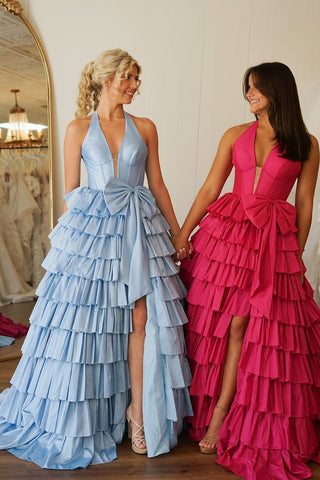 Blue Halter Neck A-Line Tiered Long Corset Prom Dress with Slit